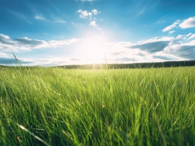 Un magnifique paysage naturel panoramique d'herbe verte et de ciel bleu