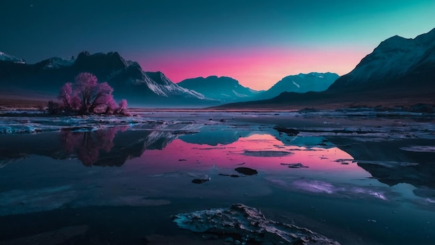 Un magnifique paysage rose avec un lac étincelant et des montagnes qui s'élèvent au-dessus