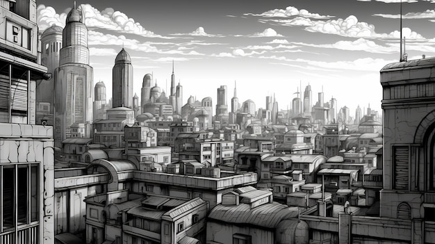 Magnifique paysage urbain en noir et blanc Concept fantastique Peinture d'illustration