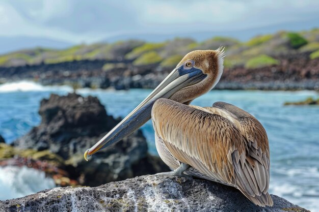 Le magnifique pélican brun perché sur un rocher à Suarez Point, sur l'île d'Espanole