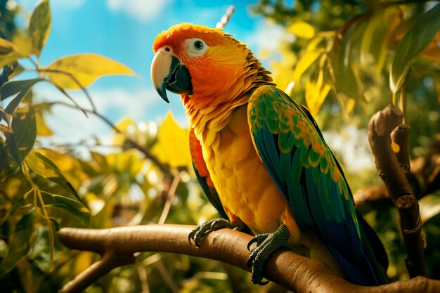 Un magnifique perroquet coloré sur une branche d'arbre dans la forêt AI généré