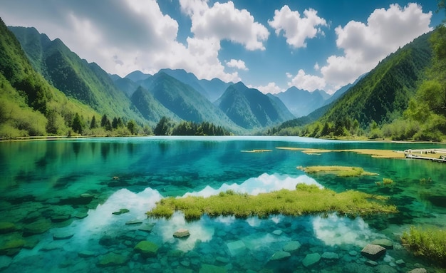 Magnifique photo de paysage d'un lac et de montagnes verdoyantes au parc national de Jiuzhaigou