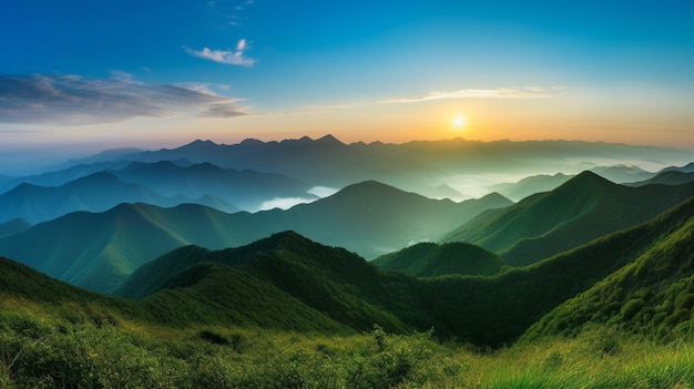 Photo une magnifique photo de paysage d'un lever de soleil sur des montagnes vertes