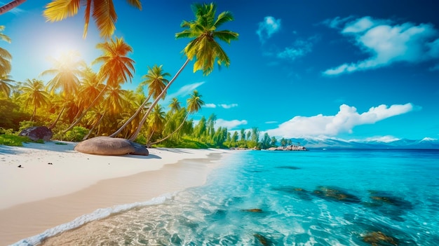 Une magnifique plage, l'océan et les palmiers Voyage d'IA générative