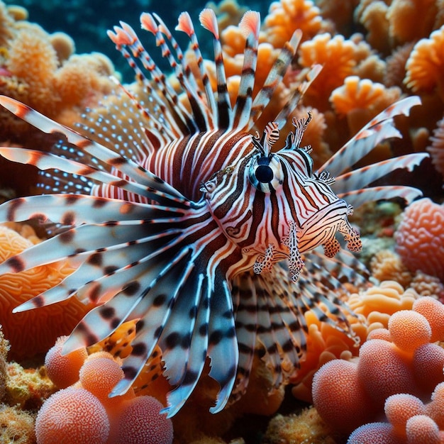 Le magnifique poisson-lion nain sur les récifs coralliens