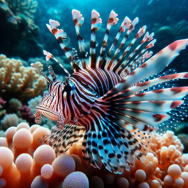 Le magnifique poisson-lion nain sur les récifs coralliens