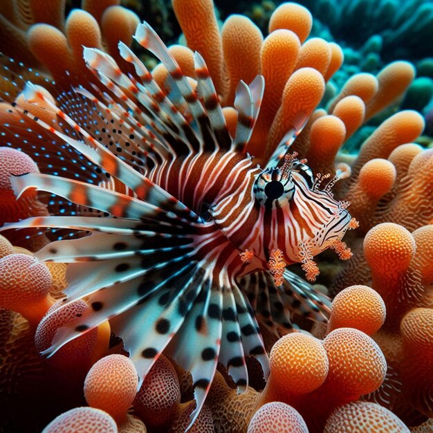 Photo le magnifique poisson-lion nain sur les récifs coralliens