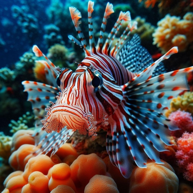 Le magnifique poisson-lion nain sur les récifs coralliens