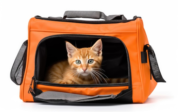 Un magnifique porte-chats pliable dans un sac orange isolé sur fond blanc