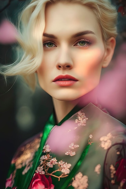 Un magnifique portrait en gros plan d'une élégante belle jeune femme blonde dans la rue des guirlandes de fleurs de lumière creuse magnolia généré par l'IA