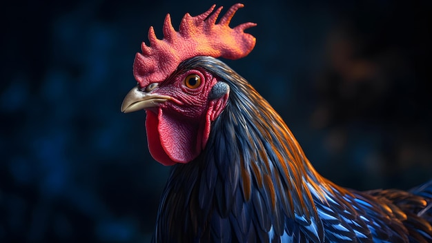 Magnifique portrait de près de coq coloré sur fond noir photoréaliste généré par un réseau de neurones