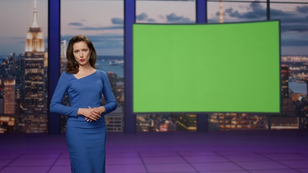 Photo le magnifique présentateur commence à diffuser des nouvelles près du studio de télévision à écran vert.