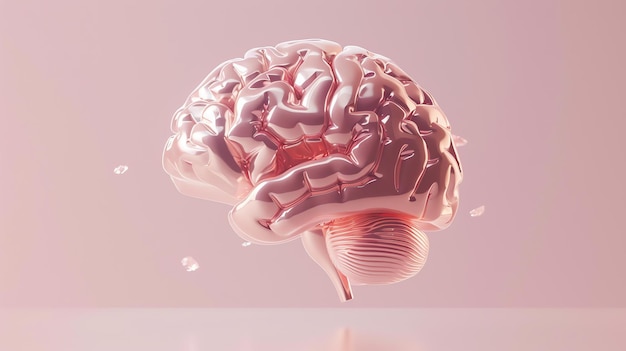Photo un magnifique rendu 3d d'un cerveau en métal rose le cerveau est lisse et brillant et il semble qu'il flotte dans l'espace