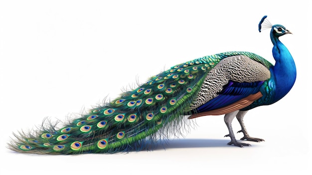Un magnifique rendu 3D d'un élégant paon dans des détails exquis mettant en valeur ses plumes vibrantes et sa posture gracieuse.
