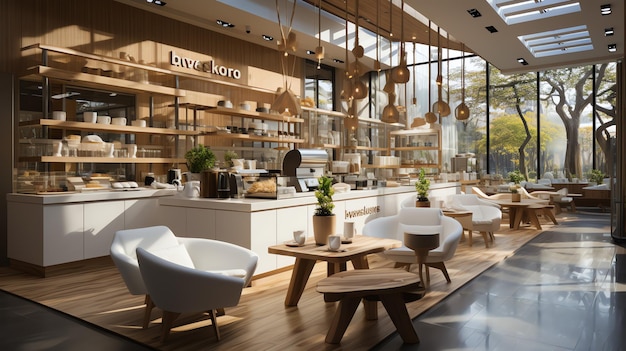 Un magnifique restaurant ou café au style moderne et un intérieur en bois d'un restaurant