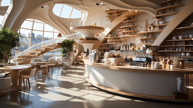 Un magnifique restaurant ou café au style moderne et un intérieur en bois d'un restaurant