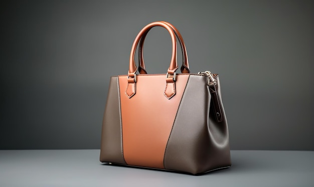 Magnifique sac à main tendance pour jeunes femmes de couleur marron et gris sur fond de studio gris