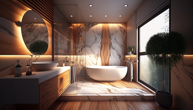 Magnifique salle de bain moderne avec bain et douche en bois et marbre Generative AI