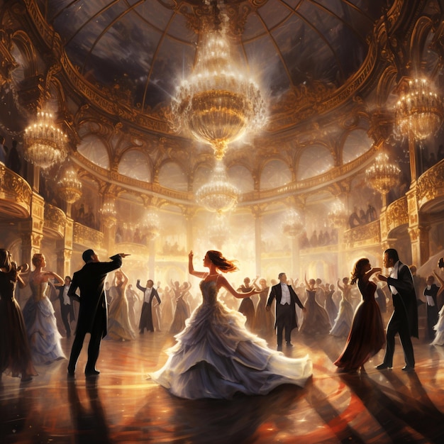Une magnifique salle de bal avec des gens élégamment habillés dansant une valse tourbillonnante