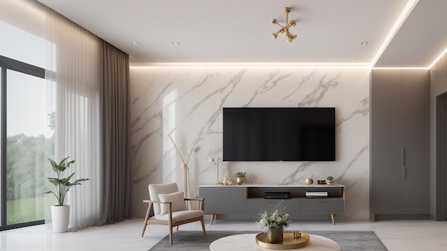 Un magnifique salon avec une grande télévision à écran plat et un mur de marbre.