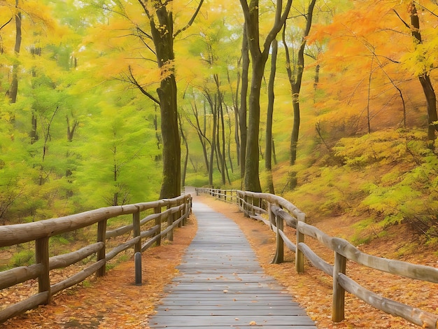 Magnifique sentier en bois traversant des arbres colorés à couper le souffle dans une forêt