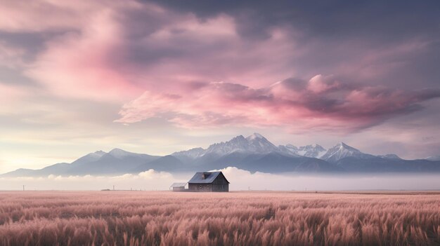 Photo un magnifique sommet de montagne s'élevant à travers les nuages bas teintés de rose ai generative