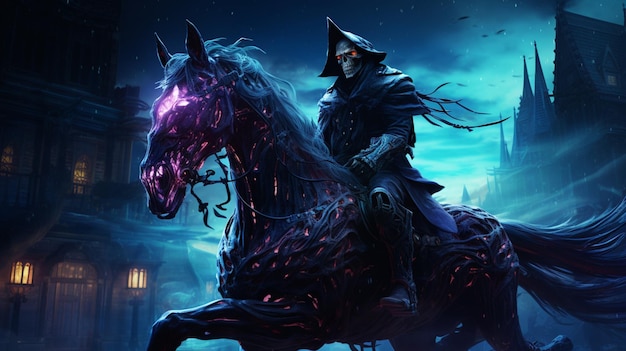 Un magnifique sorcier squelette chevauche un cheval cyberpunk nuit noire Art généré par Ai