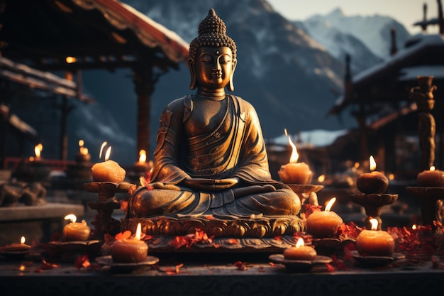 La magnifique statue énorme de M. Bouddha à Rabangla, Sikkim, en Inde, entourée par l'IA générative