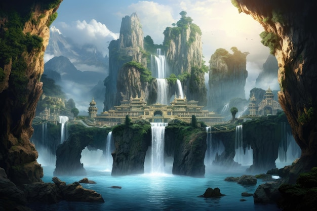 Un magnifique tableau montrant une cascade majestueuse avec un château situé en son milieu Un décor éthéré avec des îles flottantes et une cascade en cascade AI générée