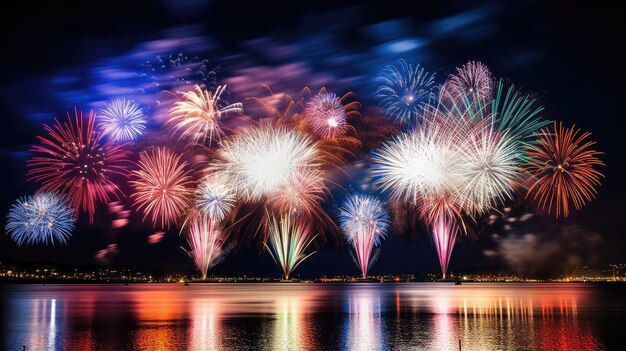 De magnifiques feux d'artifice fleurissent dans le ciel, un spectacle de feux d'artifice à grande échelle