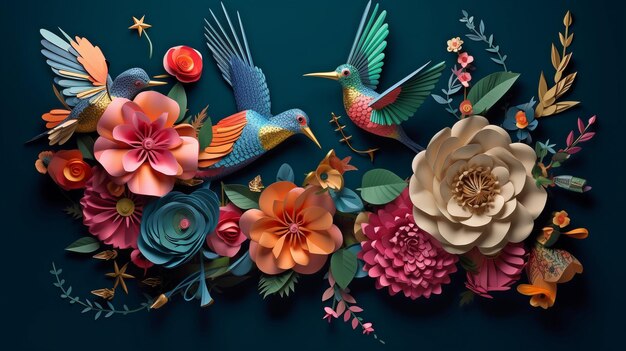 De magnifiques fleurs d'été papillons et colibris en 3D sur un fond de couleurs sombres et vibrantes GENERATE AIxAxA