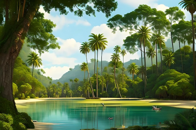 Photo magnifiques fonds naturels, forêts et palmiers avec le lac