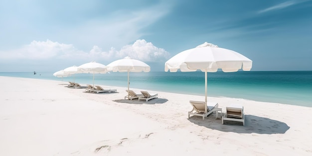 Magnifiques transats de paysages tropicaux Vue sur la mer de sable blanc avec calme et détente à l'horizon