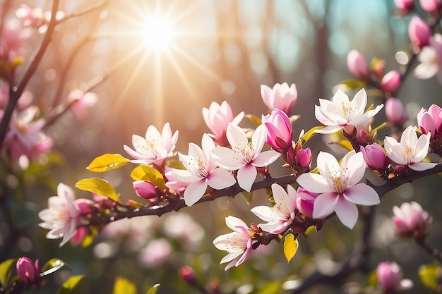 Magnolia au printemps jardin en fleurs floué fond de la nature avec le soleil briller et bokeh tonné