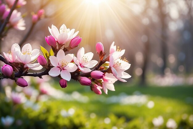 Magnolia au printemps jardin en fleurs floué fond de la nature avec le soleil briller et bokeh tonné