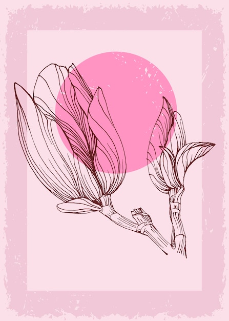 Magnolia Botanical wall art illustration tropicale Dessin au trait de feuillage avec une forme rétro et abstraite Conception d'art végétal grunge pour papier peint de couverture d'impression Art mural minimal et naturel