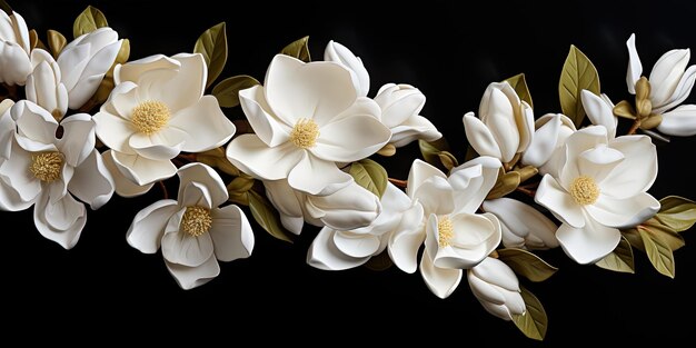 Magnolias fleurs arrière-plan bannière panorama Belle fleur de branche de magnolia blanche isolée sur fond noir vue de haut