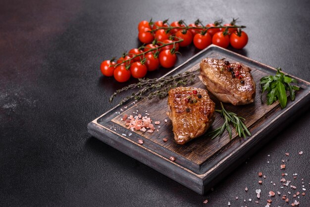 Magret de canard au four aux herbes et épices sur fond de béton foncé. Viande frite prête à manger