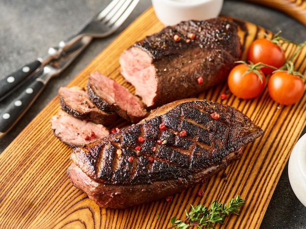 Magret de canard rôti sur planche de bois avec poivrons et tomates cerises