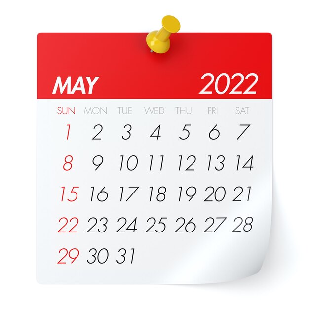 Mai 2022 - Calendrier. Isolé sur fond blanc. Illustration 3D