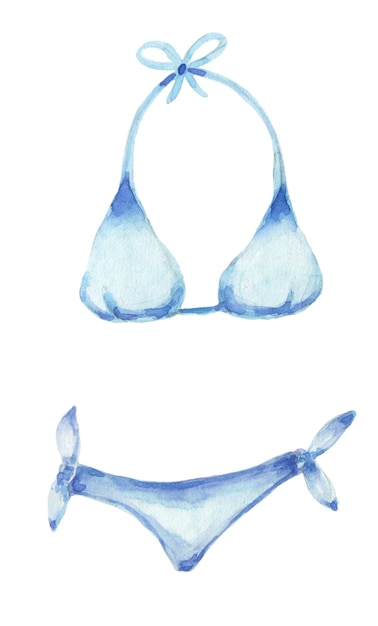 Maillot de bain bleu aquarelle peint à la main. Maillots de bain dessinés à la main isolé sur blanc