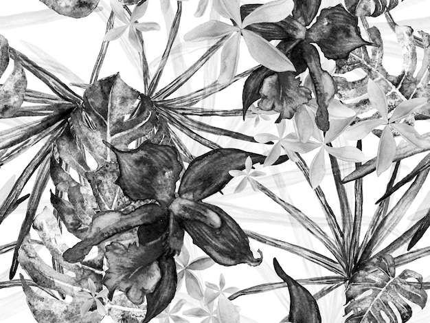Maillot de bain imprimé avec orchidées, feuilles de palmier. Modèle sans couture d'orchidée. Design hawaïen exotique. Texture de rembourrage en Thaïlande. Fond floral aquarelle monochrome et niveaux de gris. Impression d’été tropicale.