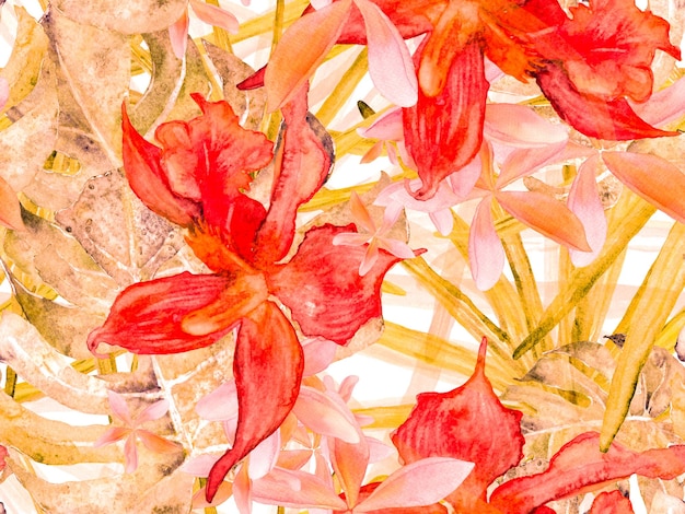 Photo maillot de bain imprimé avec orchidées, feuilles de palmier. modèle sans couture d'orchidée. fond floral aquarelle. impression d’été tropicale. design hawaïen exotique orange et rouge. texture de rembourrage en thaïlande.