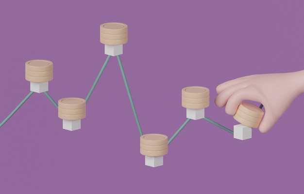 Main 3D mettant la même quantité de pièces dans le graphique du marché boursier, concept DCA de moyenne du coût en dollars.