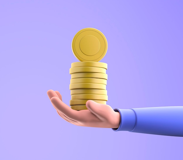 Main 3D avec une pile de pièces économisant de l'argent paiements en ligne et concept de paiement rendu 3D