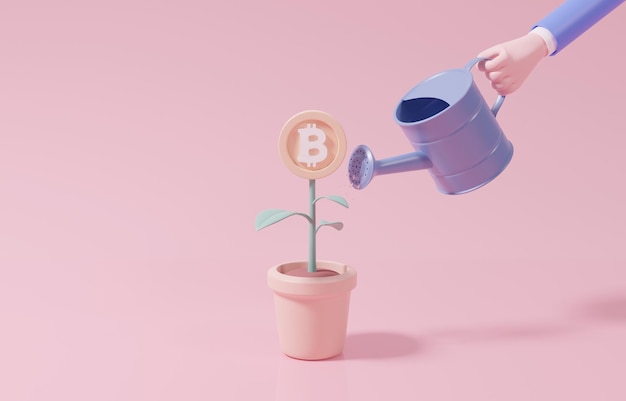 Main 3D tenant un arrosoir pour arroser l'arbre Bitcoin en pot, concept d'investissement en crypto-monnaie.