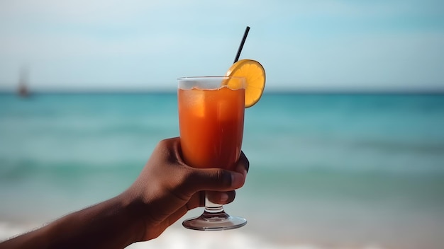 Main afro-américaine tenant un verre de cocktail sur fond flou de l'horizon de la mer à l'image générée par le réseau neuronal journée ensoleillée