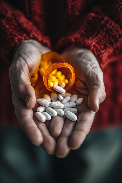 Main âgée et bouteille de pilules axée sur la gestion des médicaments