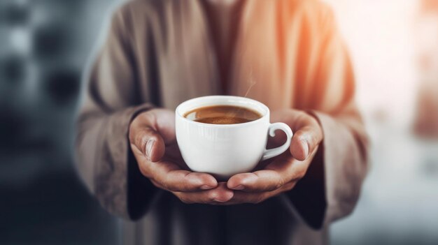 Une main âgée tenant une tasse de café.