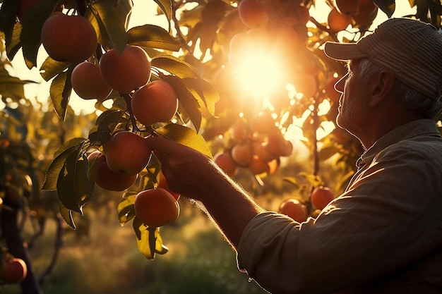Une main d'agriculteur tenant une poignée de pommes mûres